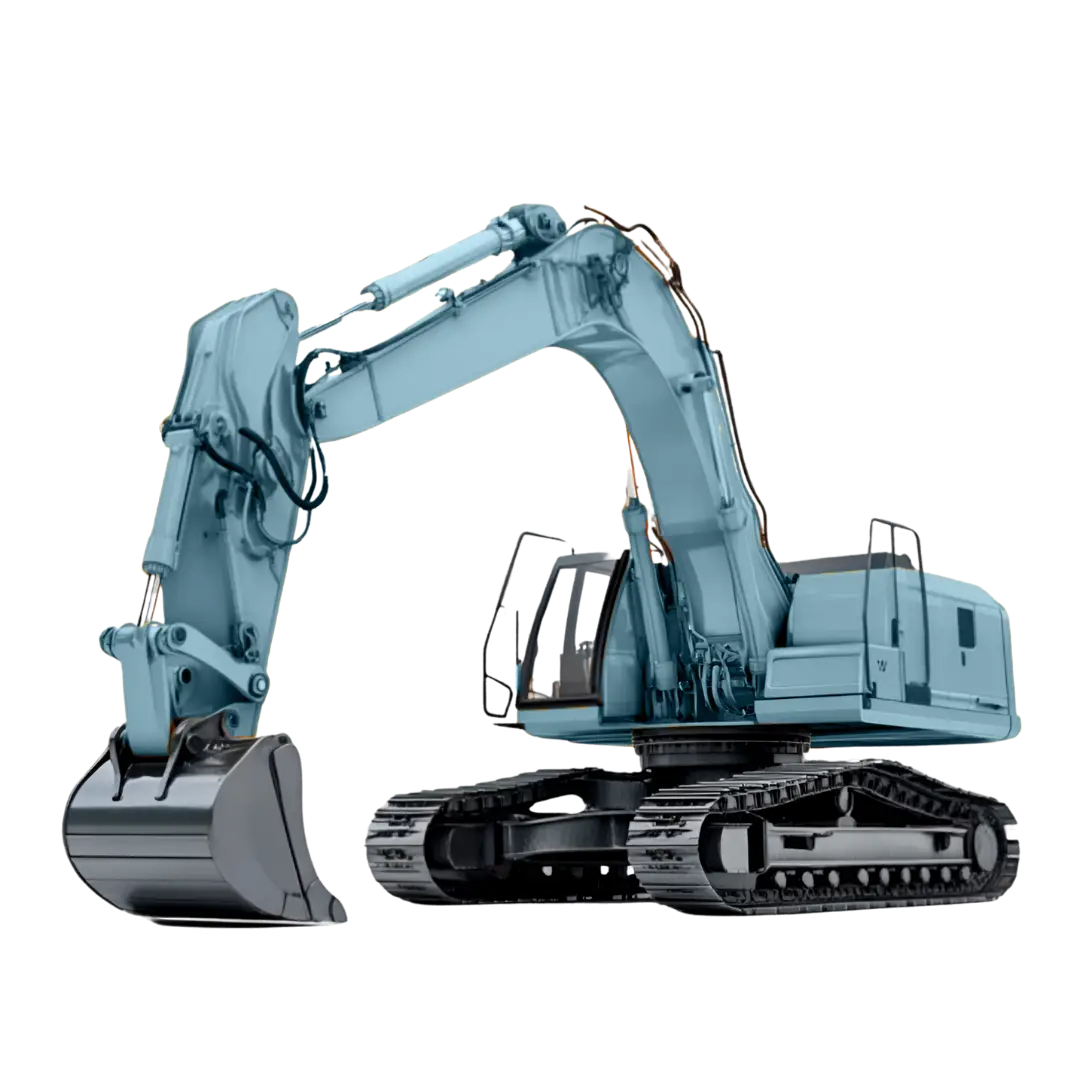 A blue excavator with a large bucket arm and tracked wheels.